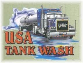 USA Tank Wash logo - illustration of a semi-truck with water surrounding it.