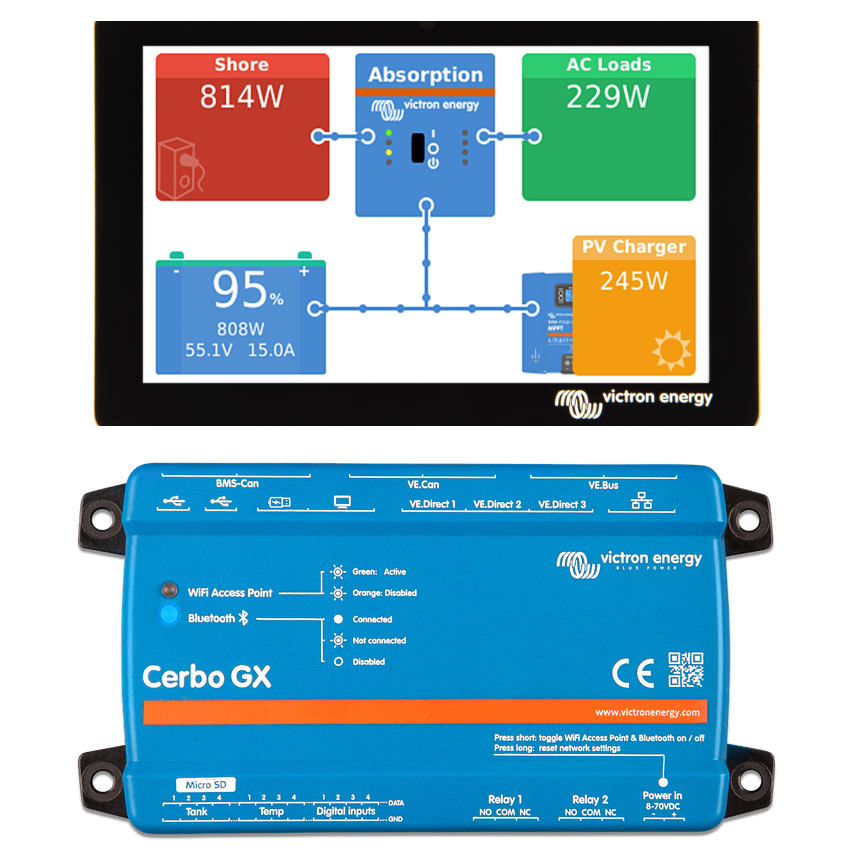 Victron Touch 50 above the Victron Cerbo GX.