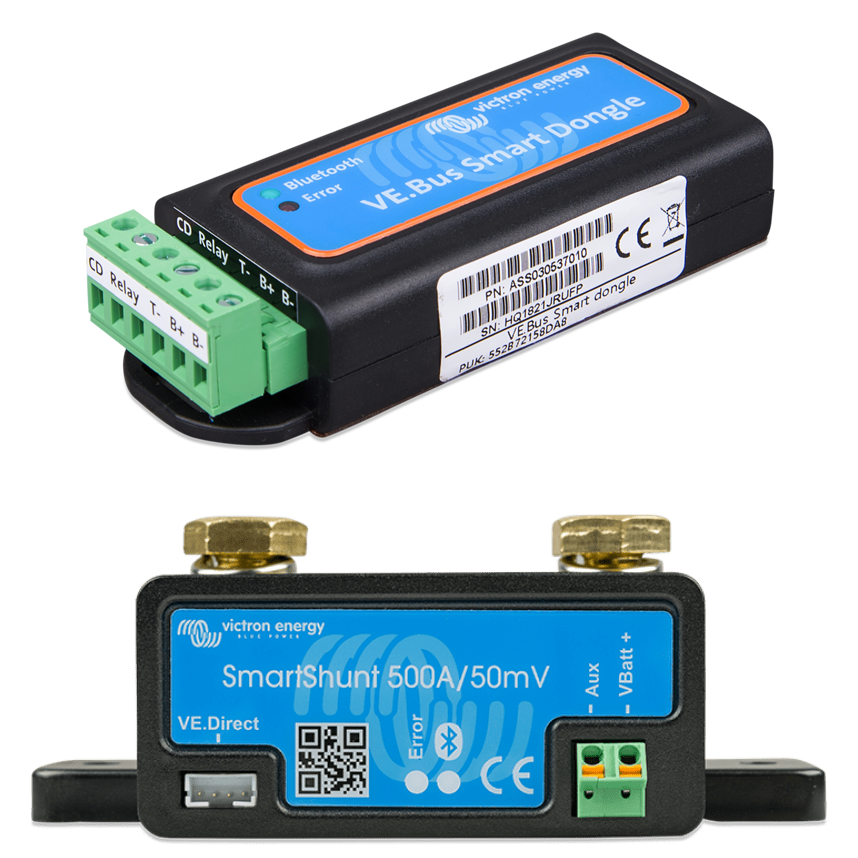 Victron Smart Dongle above the Victron SmartShunt battery monitor.