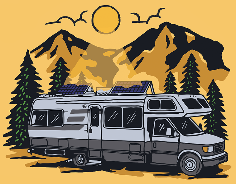 Great Outdoors Solar logo - illustration of owner Tom's Lazy Daze Class C RV with the sun shining on tilted solar panels.
