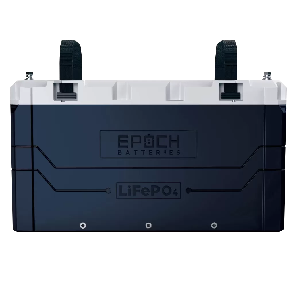Epoch Batteries 460Ah lithium battery in navy blue case.