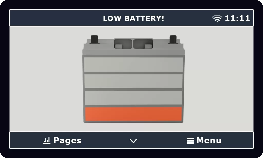 Victron Energy touch screen displaying a battery with low charge and a low battery alarn.