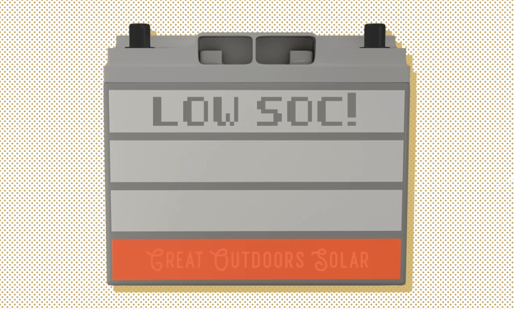 RV lithium battery showing low state of charge (SoC).