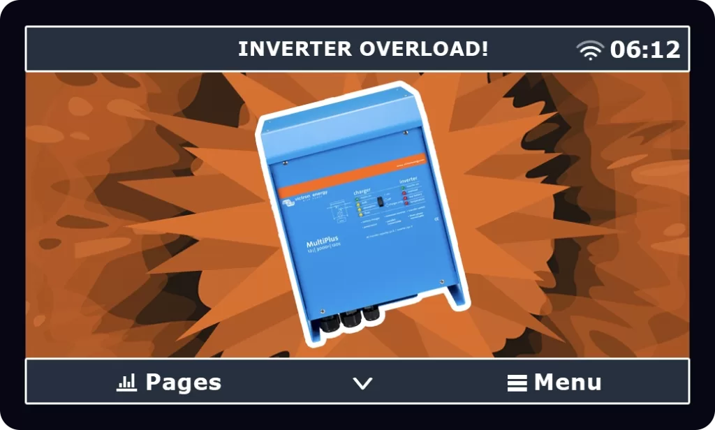 Victron Energy Touch Screen displaying an explosive orange graphics with an inverter overload!