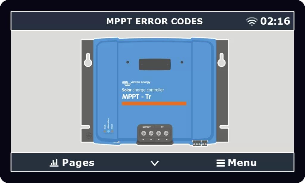 Victron Touch 70 screen showing a picture of a Victron MPPT error codes for an RV.