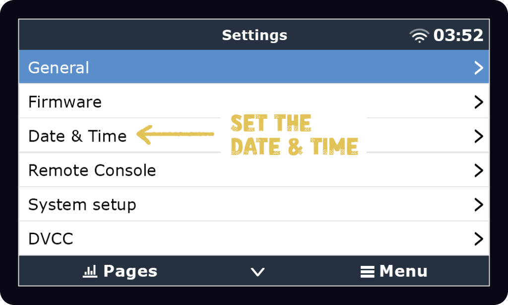 Victron Touch 50 or Touch 70 screen showing the Settings Menu for changing the date and time.