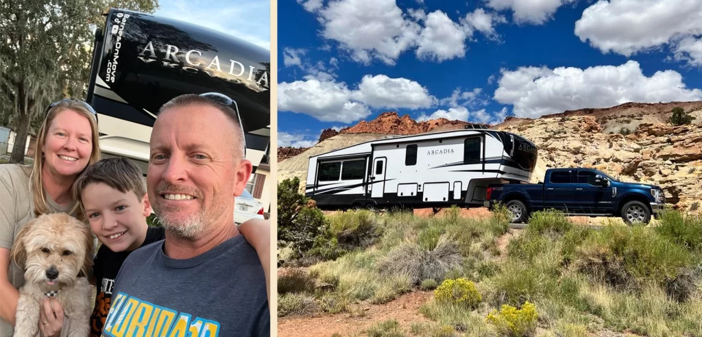 Mobile Rv solar technician BJ Barnes and family next to their fifth wheel.